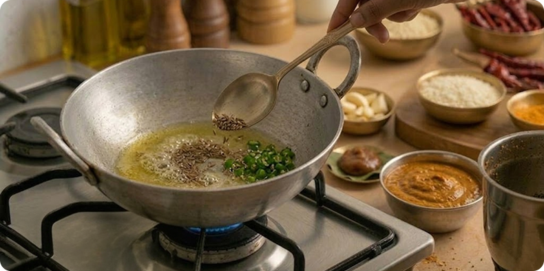 Add cumin seeds and let them splutter. Add chopped green chillies and sauté briefly.