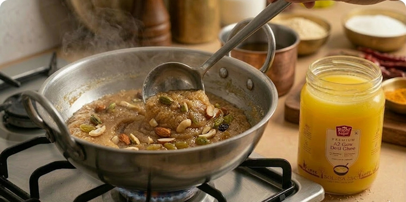 Add chopped nuts, and raisins. Mix well and cook until the halwa thickens and leaves the sides of the pan.