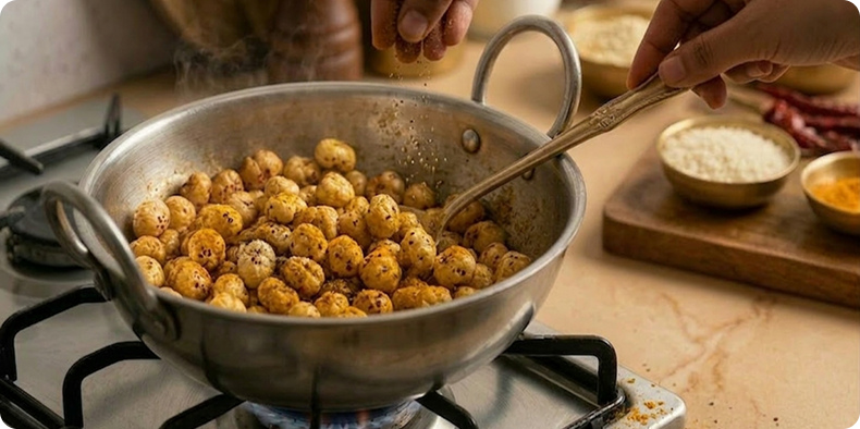 Put in some black pepper, salt, and turmeric. Mix well so that the seasoning covers everything.