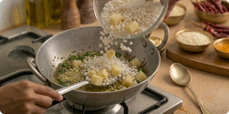 Add diced potatoes and cook until soft. Then add soaked sabudana and rock salt, mix gently, and cook on low flame until the pearls turn translucent.