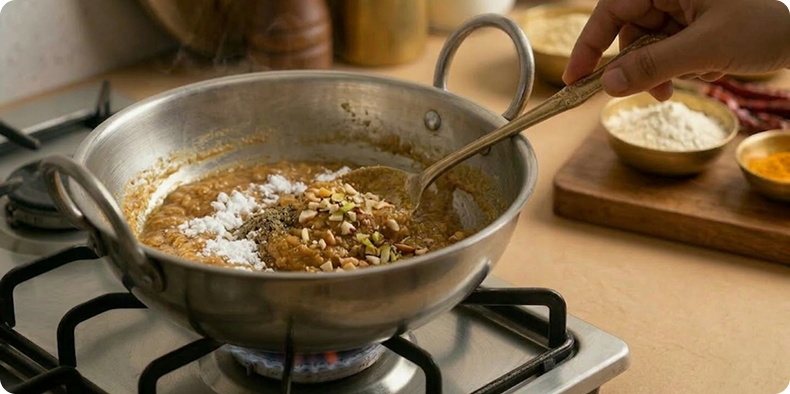 Mix in powdered sugar, cardamom powder, and chopped nuts. Combine well.