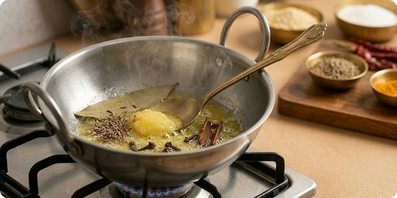 Add cumin seeds, bay leaf, cloves, and cinnamon to the ghee. Let the spices release their aroma.