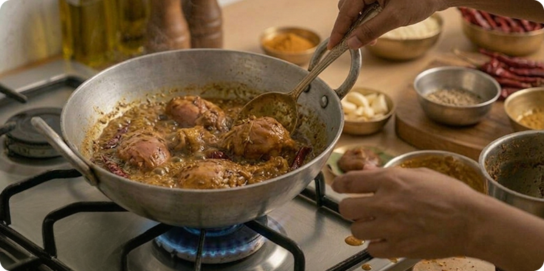 Grind the roasted spices along with 10 pieces garlic cloves and 2 tablespoons tamarind pulp into a smooth, thick paste using a little water. Set aside.