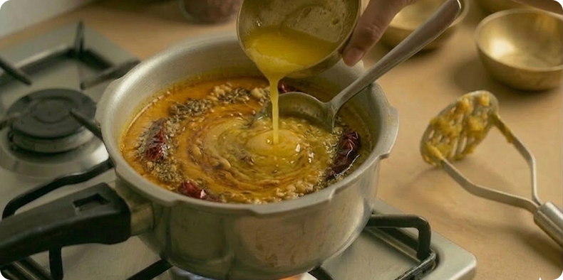 Pour the hot ghee tadka directly over the cooked dal and mix gently.