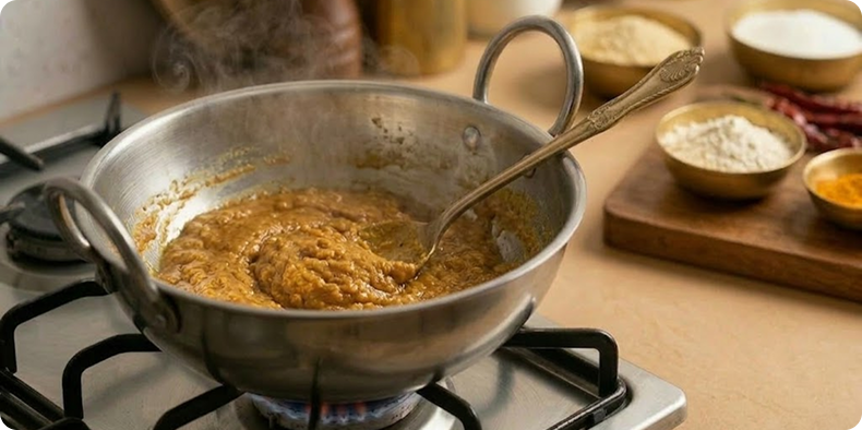 Continue roasting for 10–12 minutes until the besan turns golden and releases a nutty aroma.