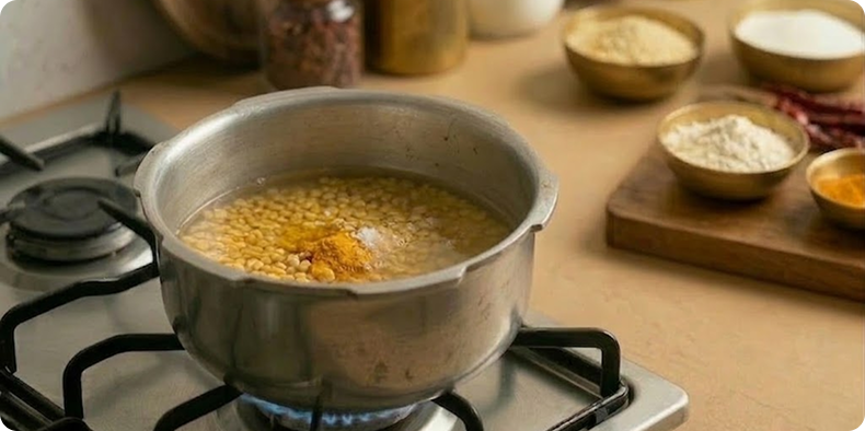 Wash the toor dal thoroughly. Pressure cook it with turmeric, salt, and water until soft and well blended.