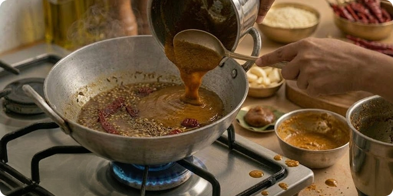 In a dry pan, roast 10 pieces dried Kashmiri red chillies, 1 tablespoons coriander seeds, 1 teaspoons cumin seeds, 1 teaspoons black pepper, and 10 pieces dried Kashmiri red chillies on low heat until fragrant. Let them cool completely.