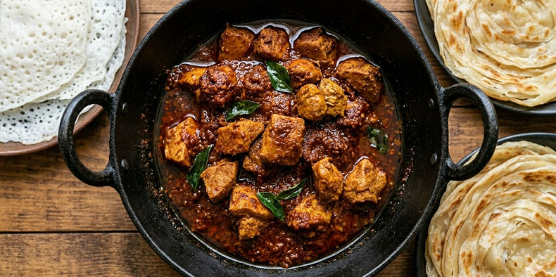 Once the ghee floats on top and the masala clings beautifully to the chicken, take it off the heat. Serve hot with neer dosa, appam, or lachha paratha.