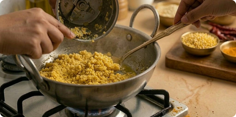 Remove the water from the soaked moong dal and grind it into a rough paste, adding only a little water.