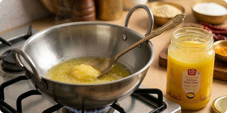 Put Rishi Sagar A2 Cow Desi Ghee in a heavy-bottomed pan & turn the heat down low. Let it melt slowly without getting too hot.