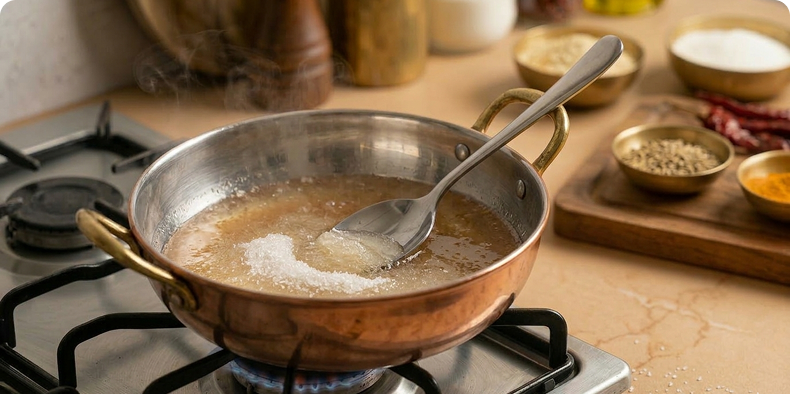 In another pan, heat water and add sugar. Stir until the sugar dissolves completely.
