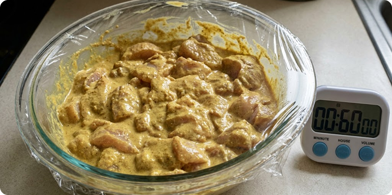Mix 2.2 kg chicken, curry cut with 3 tablespoons yoghurt, 0.5 teaspoons turmeric powder, and 1 teaspoons salt. Coat well and let it marinate for at least 60 minutes 60:00, or overnight in the fridge for best results.