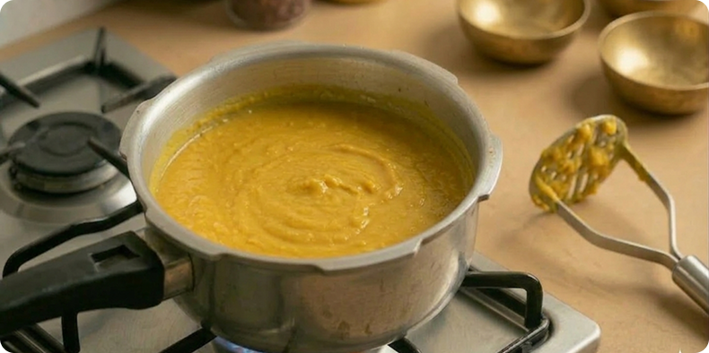 Once cooked, lightly mash the dal for a smooth texture and keep it on low heat.