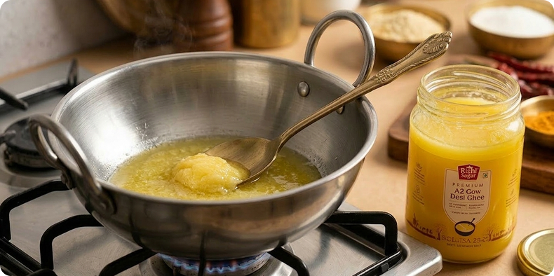 Place a heavy-bottom pan on low heat and add Rishi Sagar A2 Cow Desi Ghee. Allow it to melt gently.