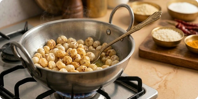 Put the makhana in the pan and cook it over low heat. Stir them frequently so they roast evenly.