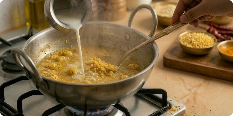 Add milk and water to the roasted dal very carefully. Stir well and cook until the mixture thickens and soaks up the liquid.