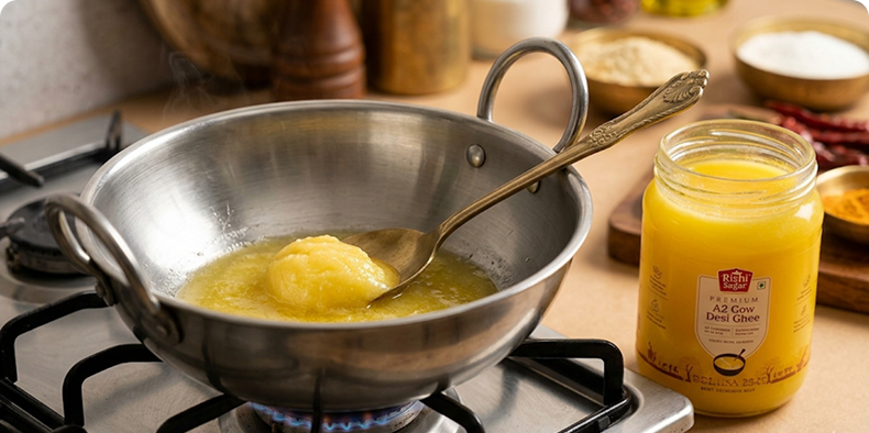 Place a heavy-bottom pan on low heat and add Rishi Sagar Desi Ghee. Allow it to melt gently without overheating.