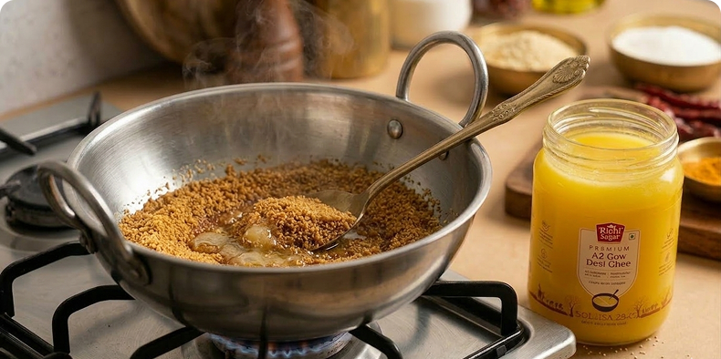 Add semolina (sooji) to the melted ghee and roast on a low flame. Stir continuously until it turns light golden and releases a pleasant aroma.
