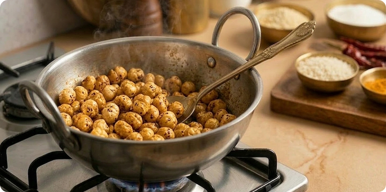 Roast the makhana for another 8 to 10 minutes, or until they are crunchy. They should break easily when you press on them, but they shouldn't feel soft inside.