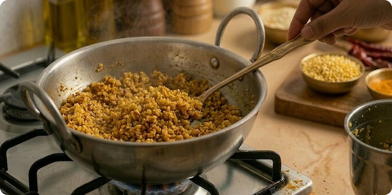 Add the ground dal to the pan and cook it slowly in ghee. Stir all the time so it doesn't stick. Roast the mixture until it turns golden brown and has a rich aroma.