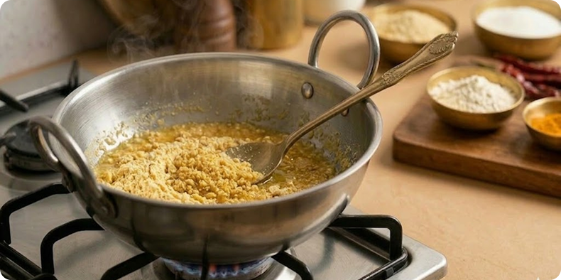 Add besan to the pan and roast on a low flame. Stir continuously to avoid burning and ensure even roasting.