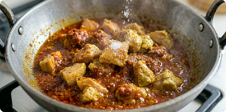 Add the marinated 2.2 pounds chicken, curry cut to the masala. Mix well to coat every piece. Add 1 teaspoons sugar and cook uncovered on medium heat, turning the pieces occasionally, until the chicken is fully cooked and well coated in the thick masala.