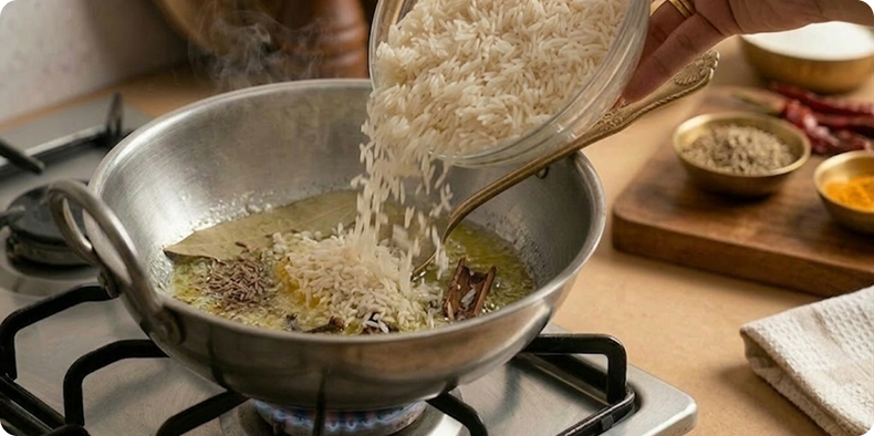 Add the drained rice to the pan and sauté lightly for 2–3 minutes so the grains are coated with ghee.