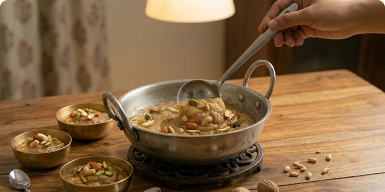Turn off the heat and serve the halwa warm, garnished with extra dry fruits if desired.