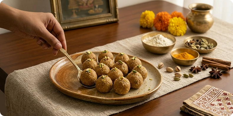 While the mixture is still warm, shape it into small round ladoos using your palms.