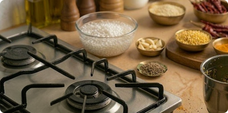 Wash sabudana thoroughly until the water runs clear. Soak it in just enough water to cover for 4–5 hours or overnight. The pearls should become soft but separate.