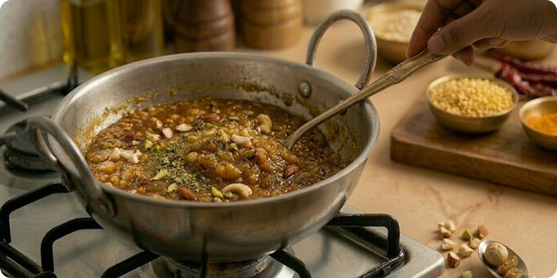 Add sugar, chopped nuts, and raisins. Sprinkle cardamom powder, and gently stir to mix.