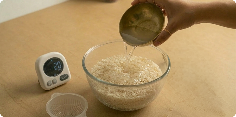 Rinse the basmati rice thoroughly until the water runs clear. Soak it in water for about 20 minutes, then drain.