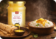 Jar of Rishi Sagar Desi Ghee with a bowl of rice and roti